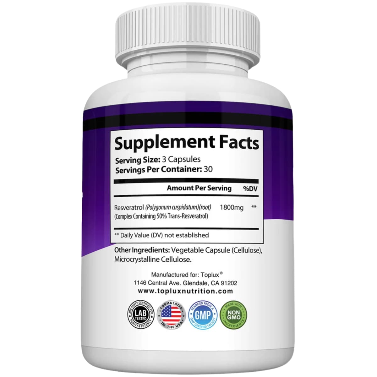 Tabla nutricional del suplemento Toplux Nutrition Complejo de Resveratrol 90 cápsulas