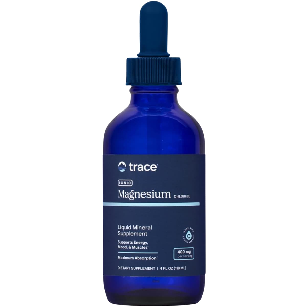 Frasco frontal de Trace Minerals magnesio iónico líquido, presentación de 118 ml.