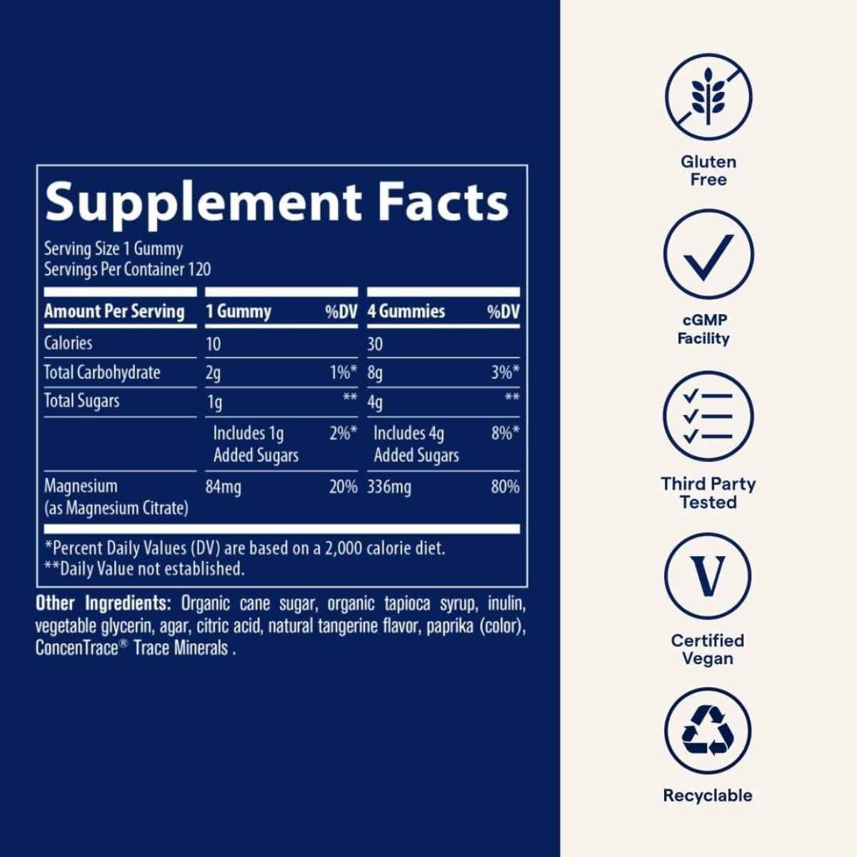 Etiqueta Supplement Facts de Trace Minerals Magnesium Gummies sabor mandarina de 120 gomitas