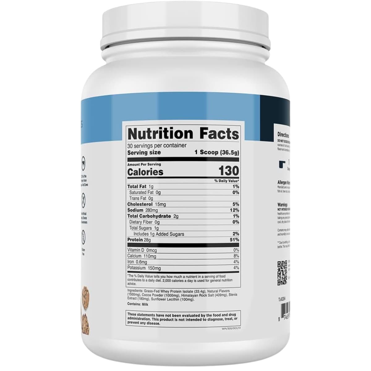 Tabla nutricional del suplemento Transparent Labs 100% Aislado de Proteína de Suero Grass-Fed Sabor Avena con Chispas de Chocolate 2.40 lbs polvo