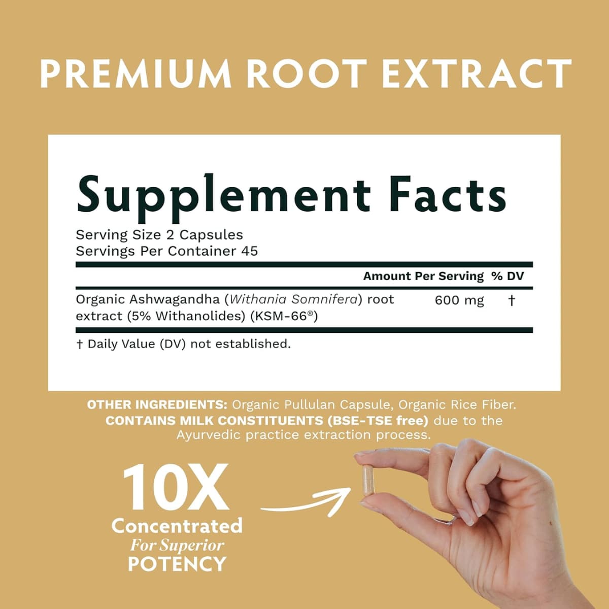 Tabla nutricional del suplemento TRIBE ORGANICS Extracto Orgánico de Raíz de Ashwagandha KSM-66 (600 mg - 90 Cápsulas)