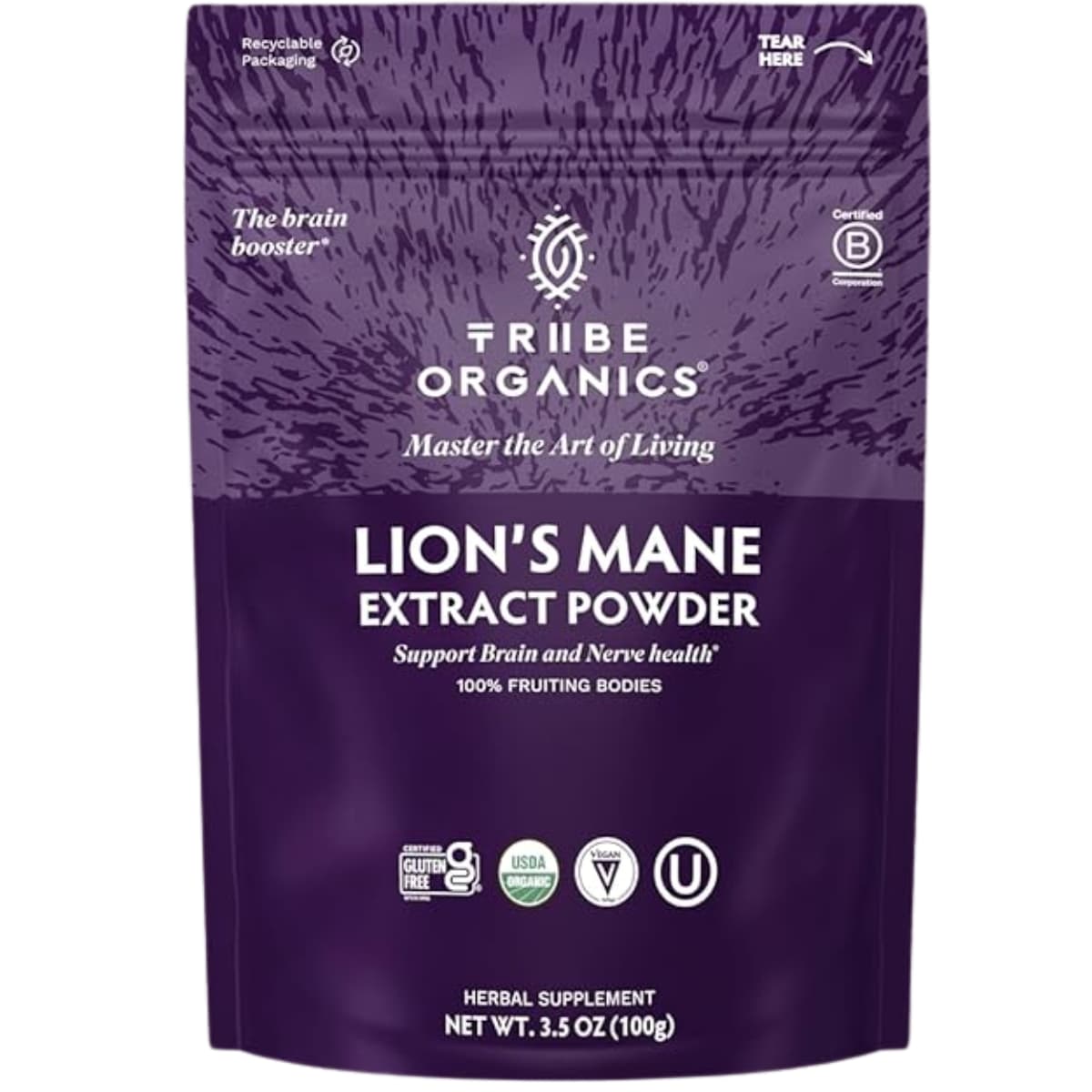 Bolsa de empaque frontal de TRIBE ORGANICS Melena de León en polvo de 100 g