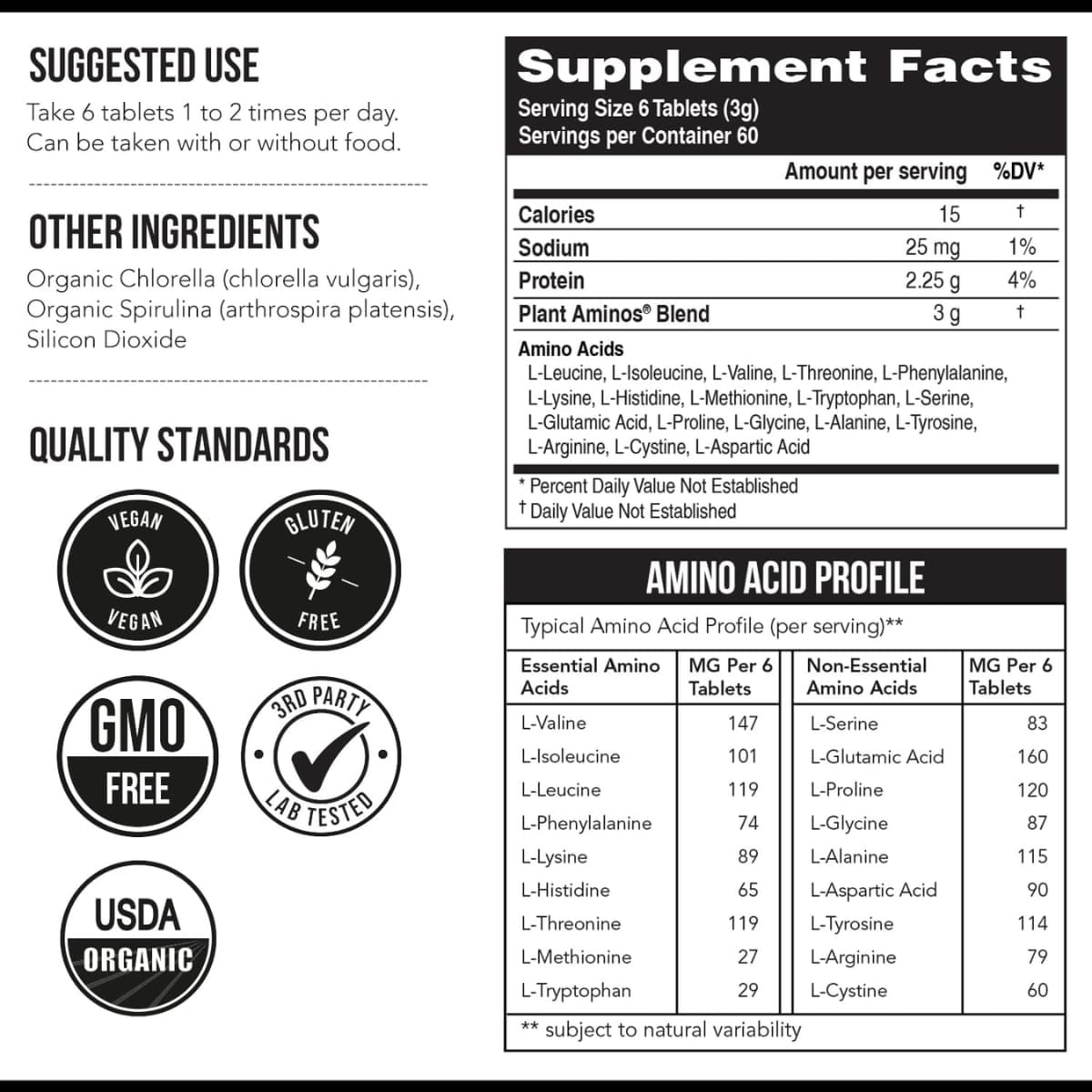 Tabla nutricional del suplemento TRIQUETRA Aminoácidos Esenciales 360 tabletas