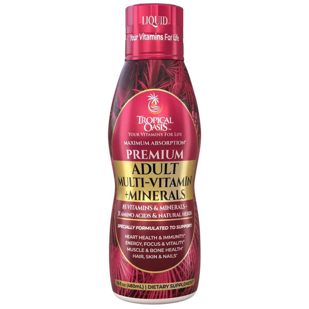 Frasco de suplemento Tropical Oasis Multivitamínico y Minerales para Adultos 480 mL