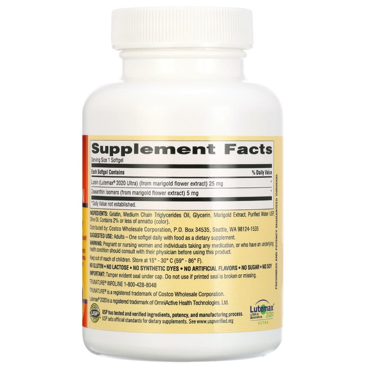 Tabla nutricional del suplemento trunature Luteína y Zeaxantina 140 cápsulas blandas