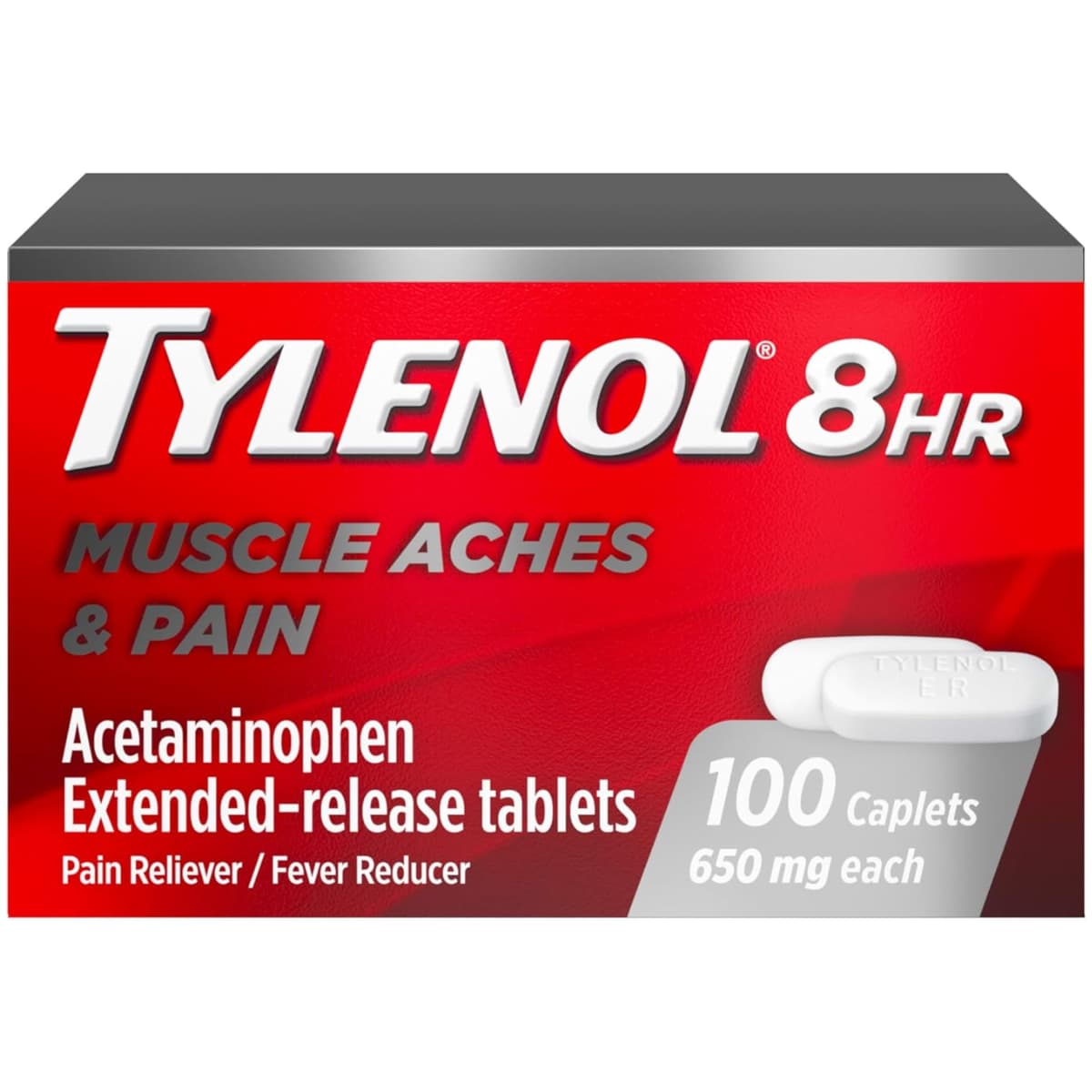 Frasco de suplemento Tylenol 8HR 650 mg Acetaminofén 100 comprimidos recubiertos