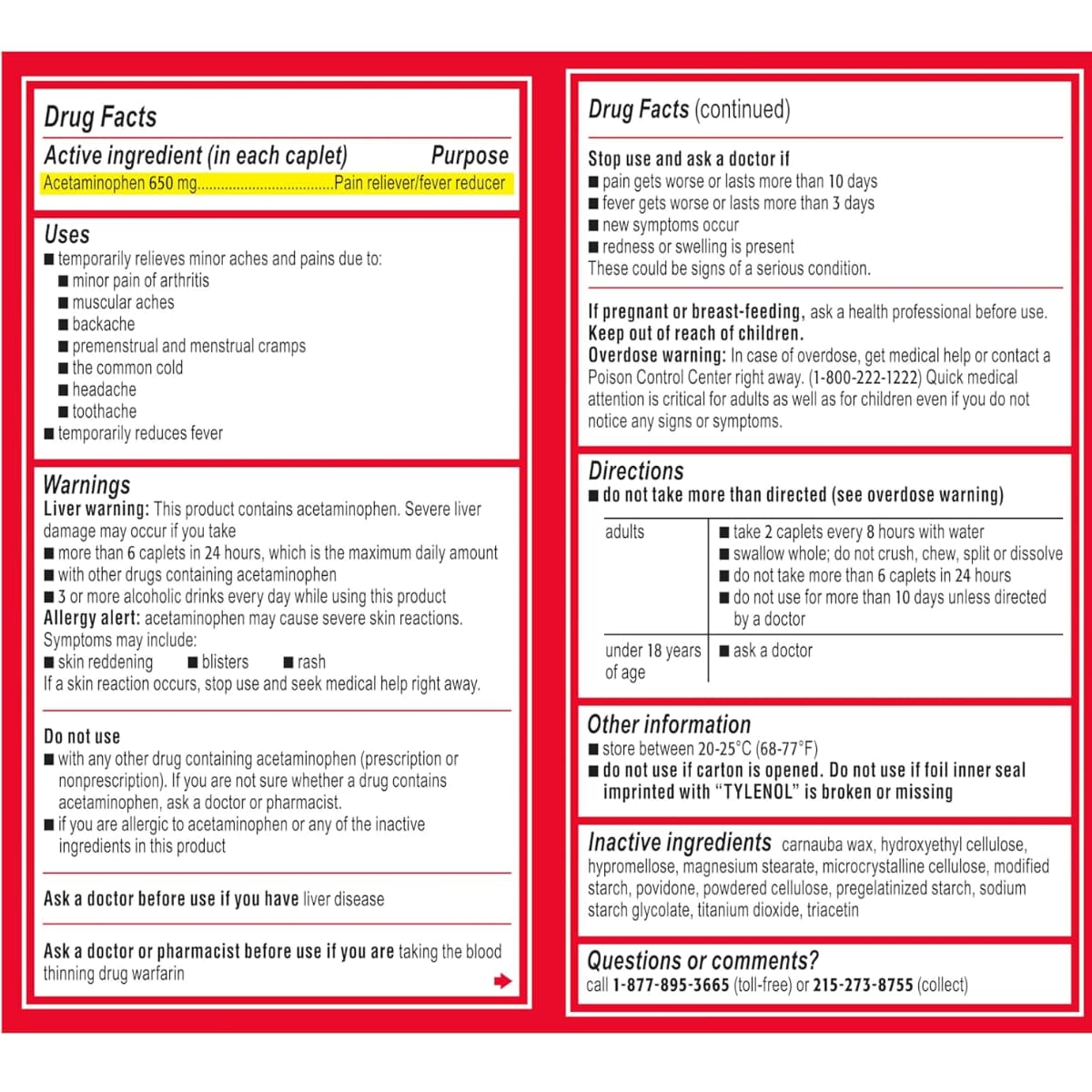 Tabla nutricional del suplemento Tylenol Acetaminofén 650 mg Liberación Prolongada 50 comprimidos