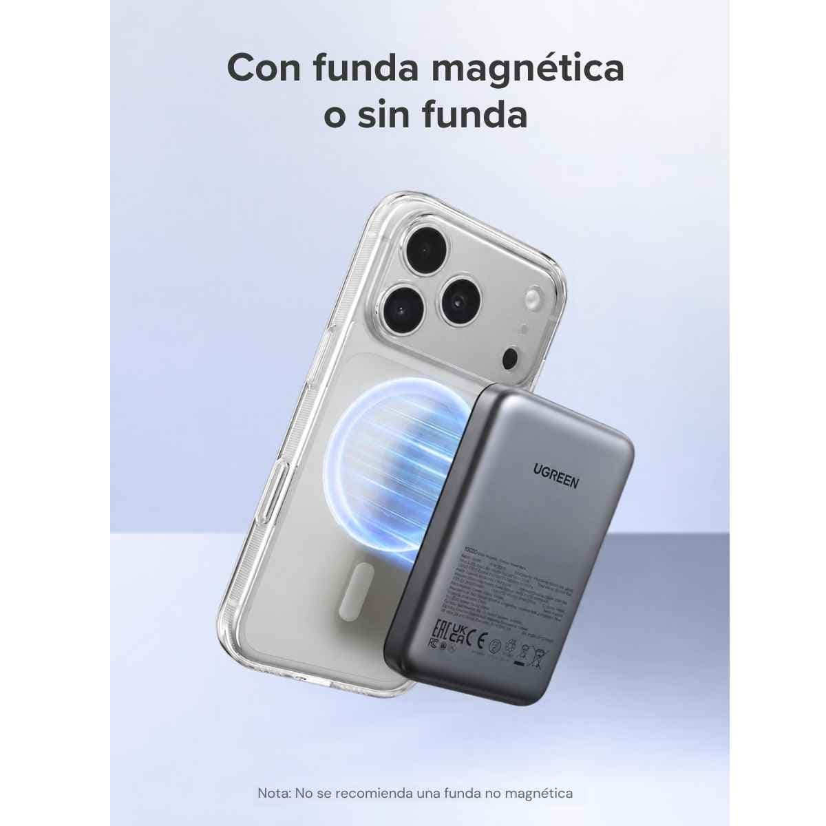 Batería externa UGREEN PB561 acoplada a un teléfono con funda magnética compatible.