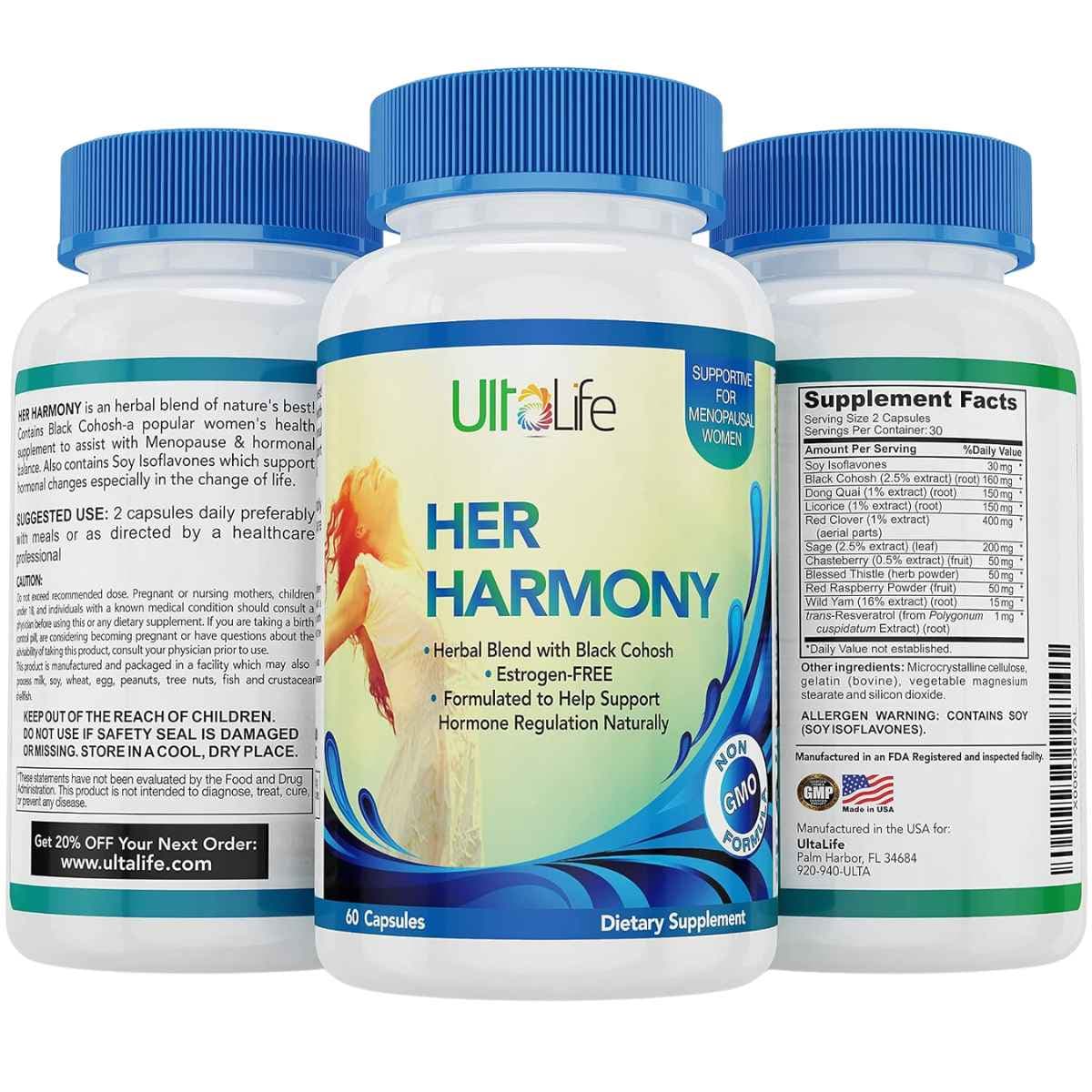 Información del suplemento UltaLife Her Harmony fórmula femenina 60 cápsulas
