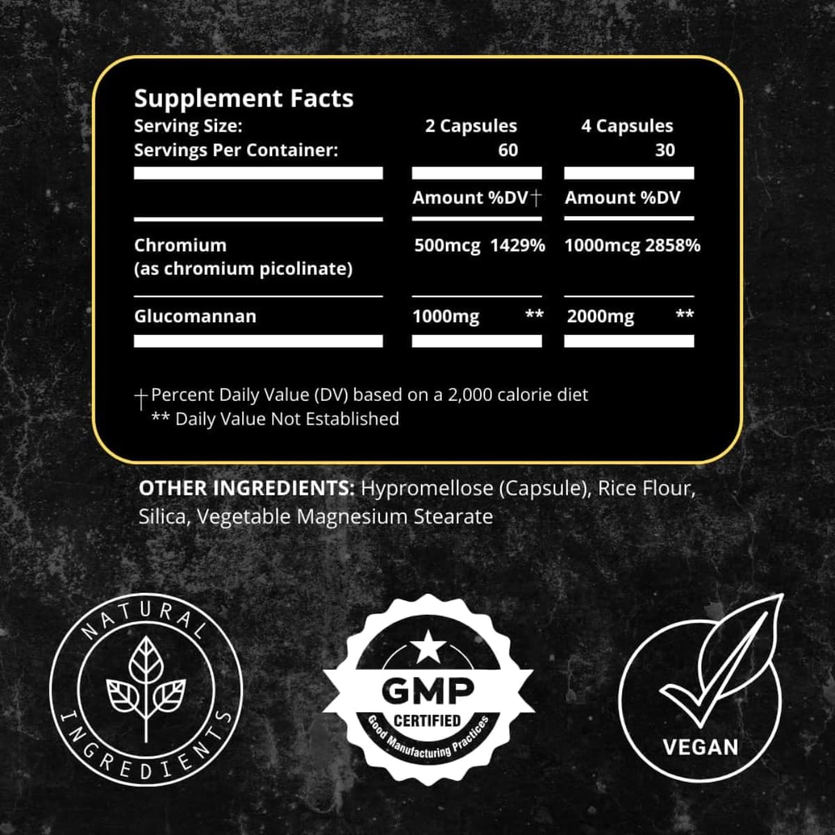 Tabla nutricional del suplemento UNALTERED Glucomanano 120 cápsulas