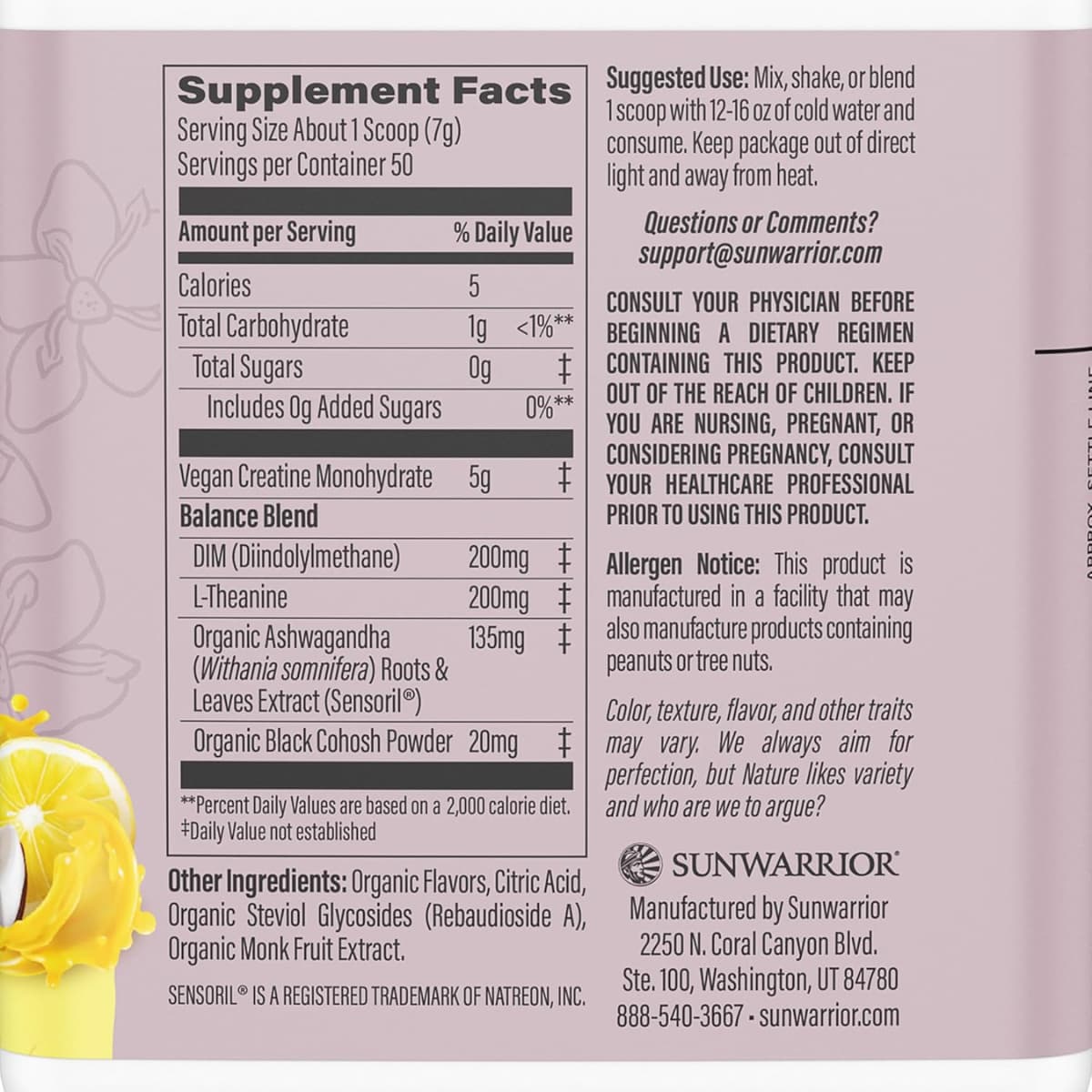 Tabla nutricional del suplemento Sunwarrior Creatina para Mujeres sabor Yuzu Coco 400g
