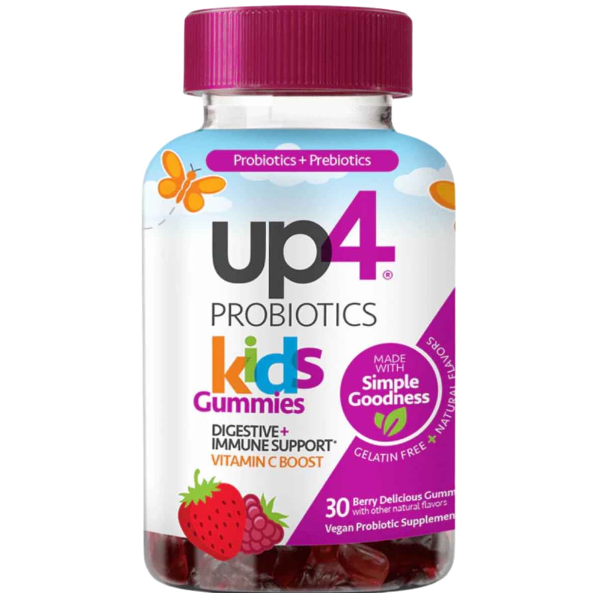 Frasco de suplemento up4 Probióticos + Prebióticos Kids Sabor a Bayas 30 gomitas