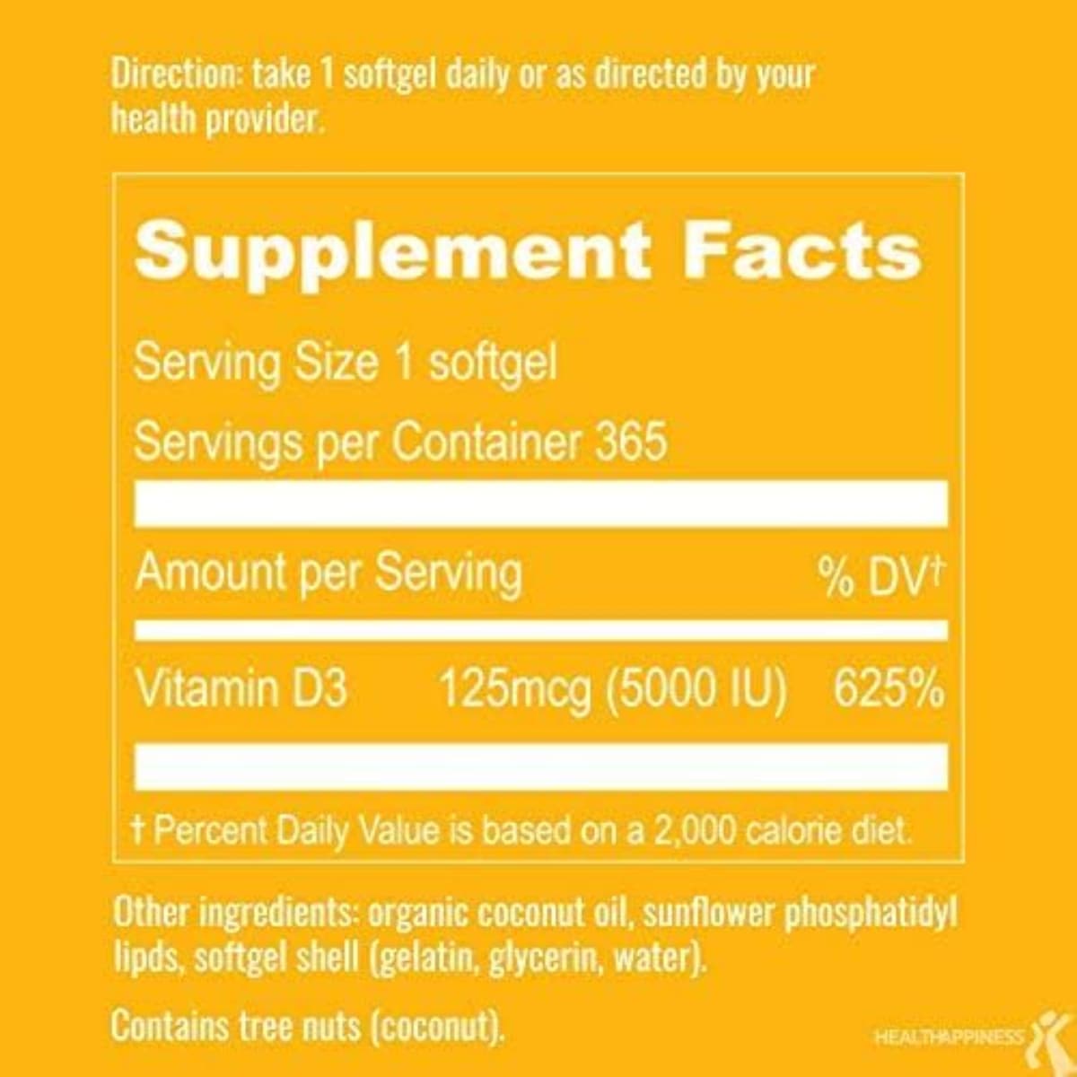 Tabla nutricional del suplemento UpNourish Vitamina D3 Liposomal 5000 UI 365 cápsulas blandas