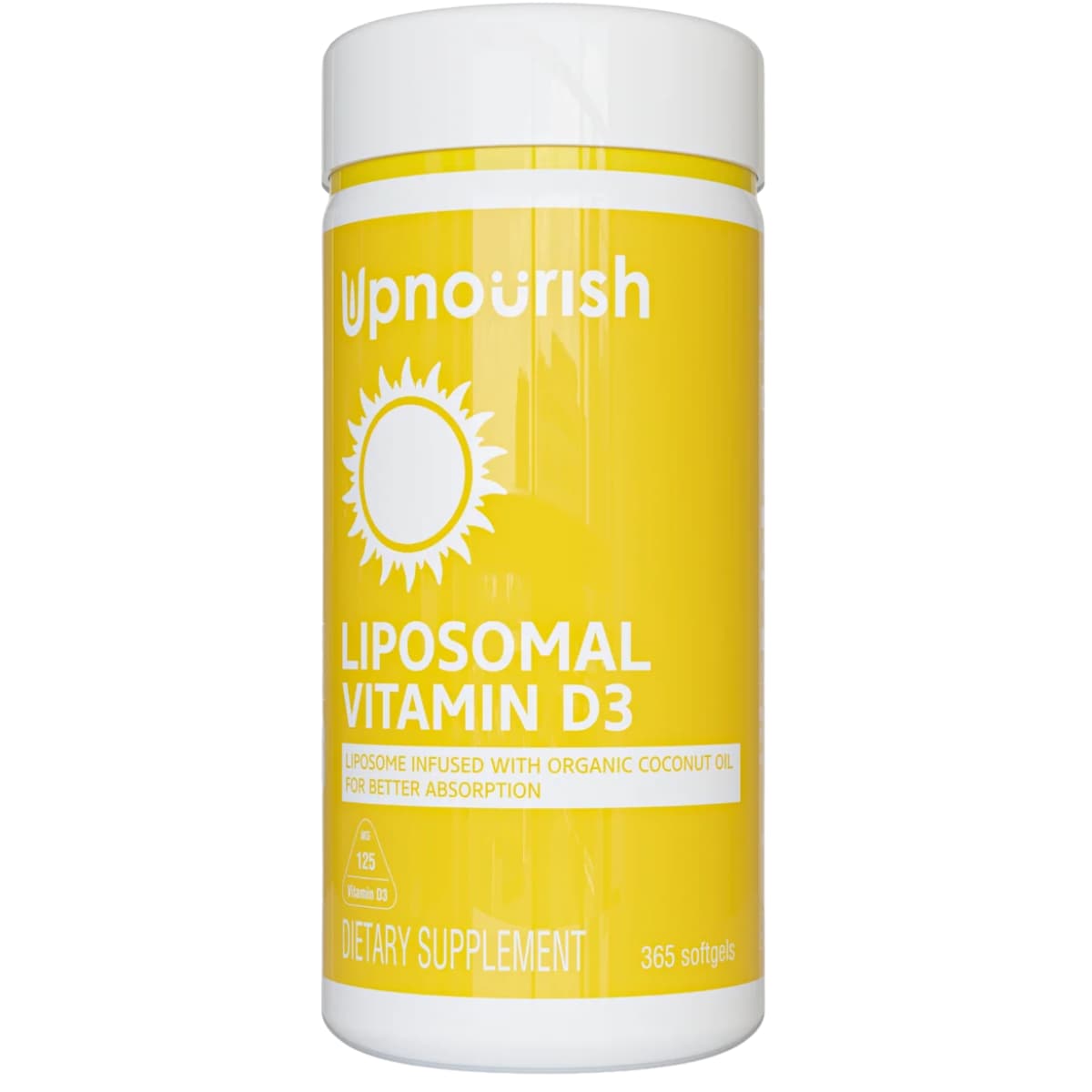 Frasco de suplemento UpNourish Vitamina D3 Liposomal 5000 UI 365 cápsulas blandas
