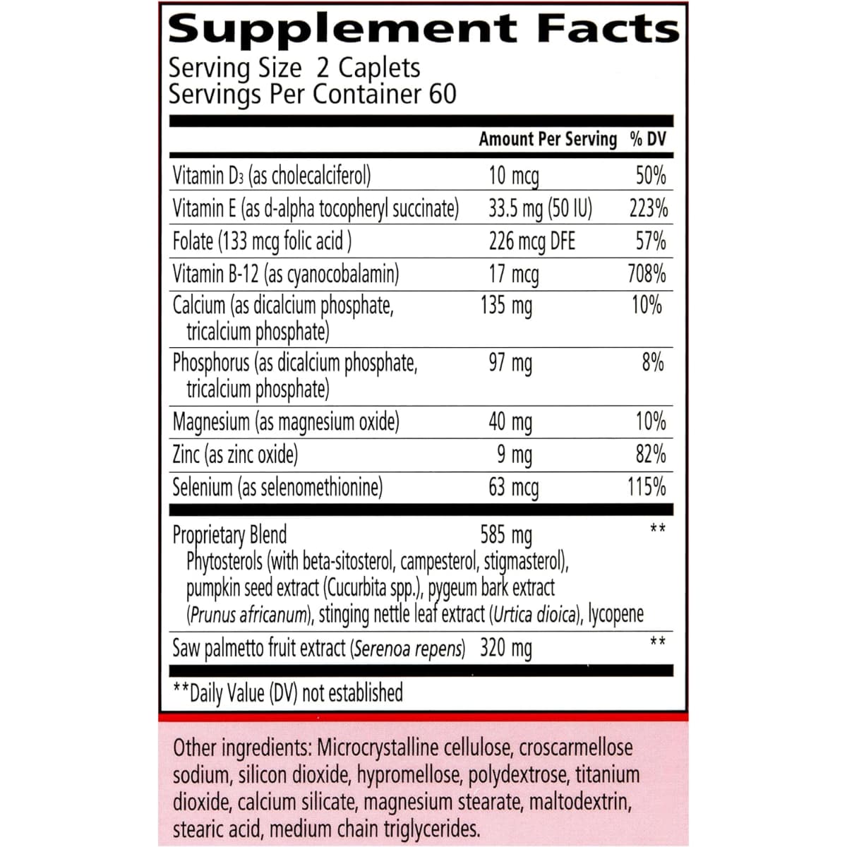 Tabla nutricional del suplemento Urinozinc Saw Palmetto + Beta Sitosterol 120 comprimidos