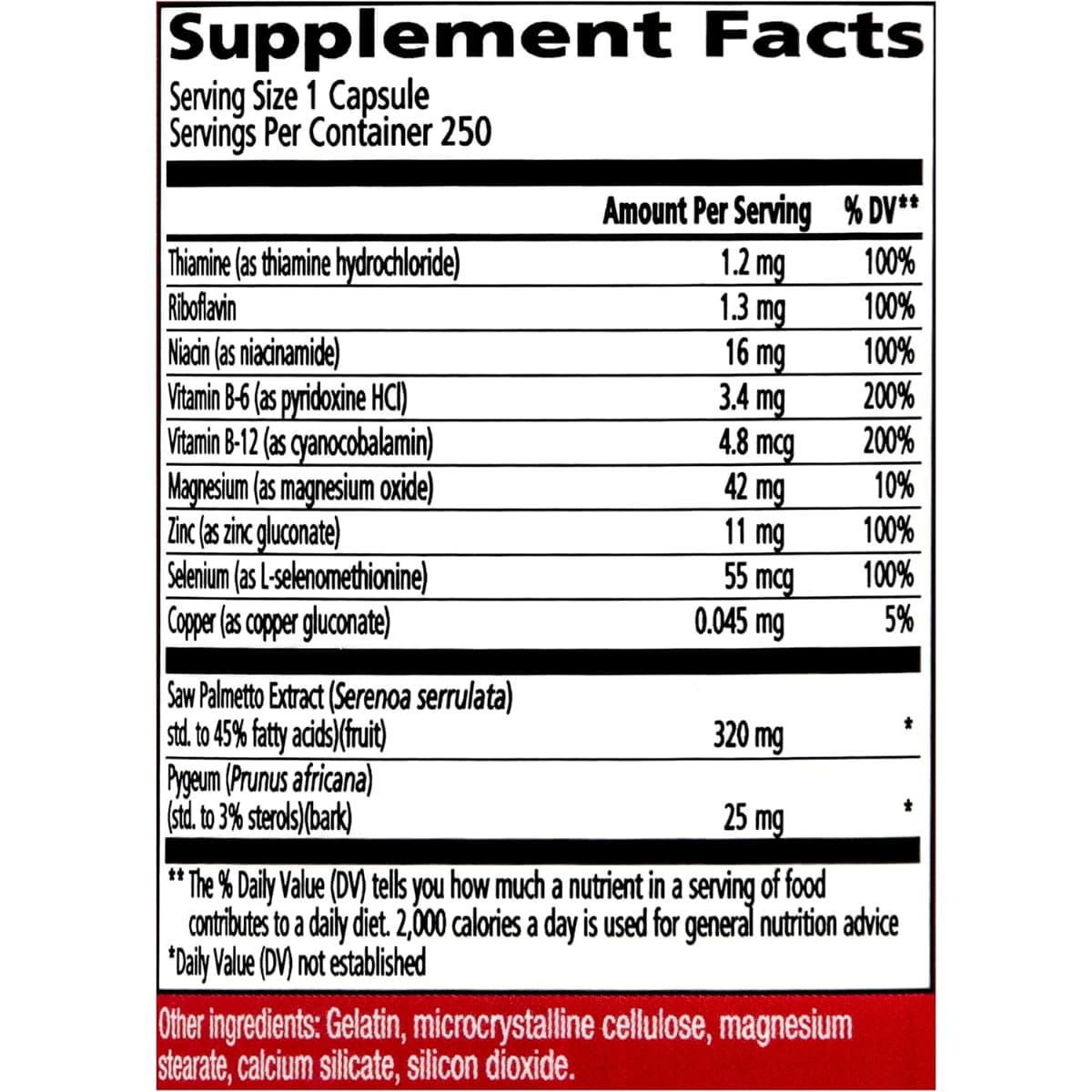 Tabla nutricional del suplemento Urinozinc Saw Palmetto formula Clásica 250 cápsulas