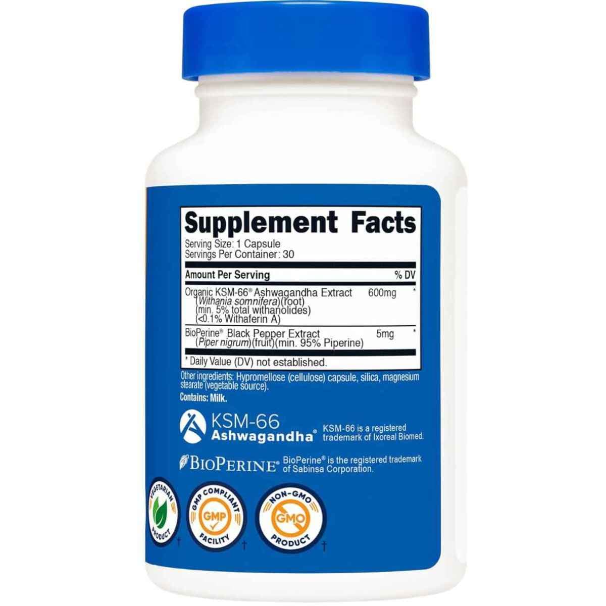 Tabla nutricional del suplemento Nutricost KSM-66 Ashwagandha Extract 600 mg 30 Cápsulas