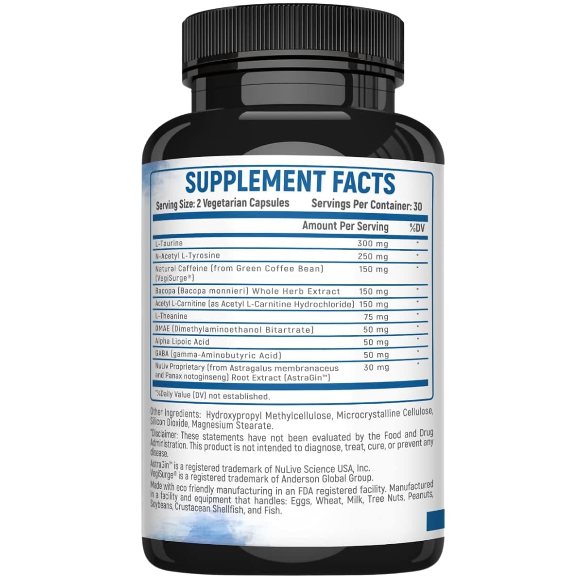 Tabla nutricional del suplemento VALI Neuro Force 60 cápsulas