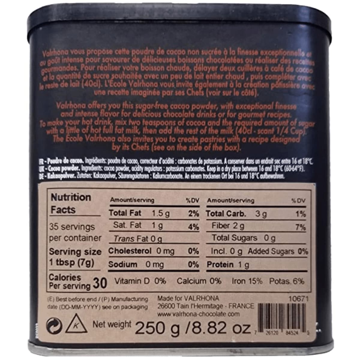 Tabla nutricional de Valrhona Cacao en Polvo 250 g