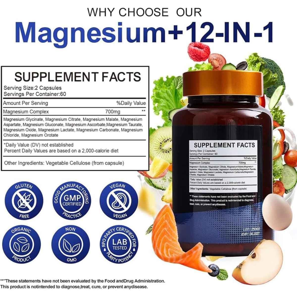 Información del suplemento de Vccvaa complejo de magnesio 12 en 1, con 700 mg por porción.