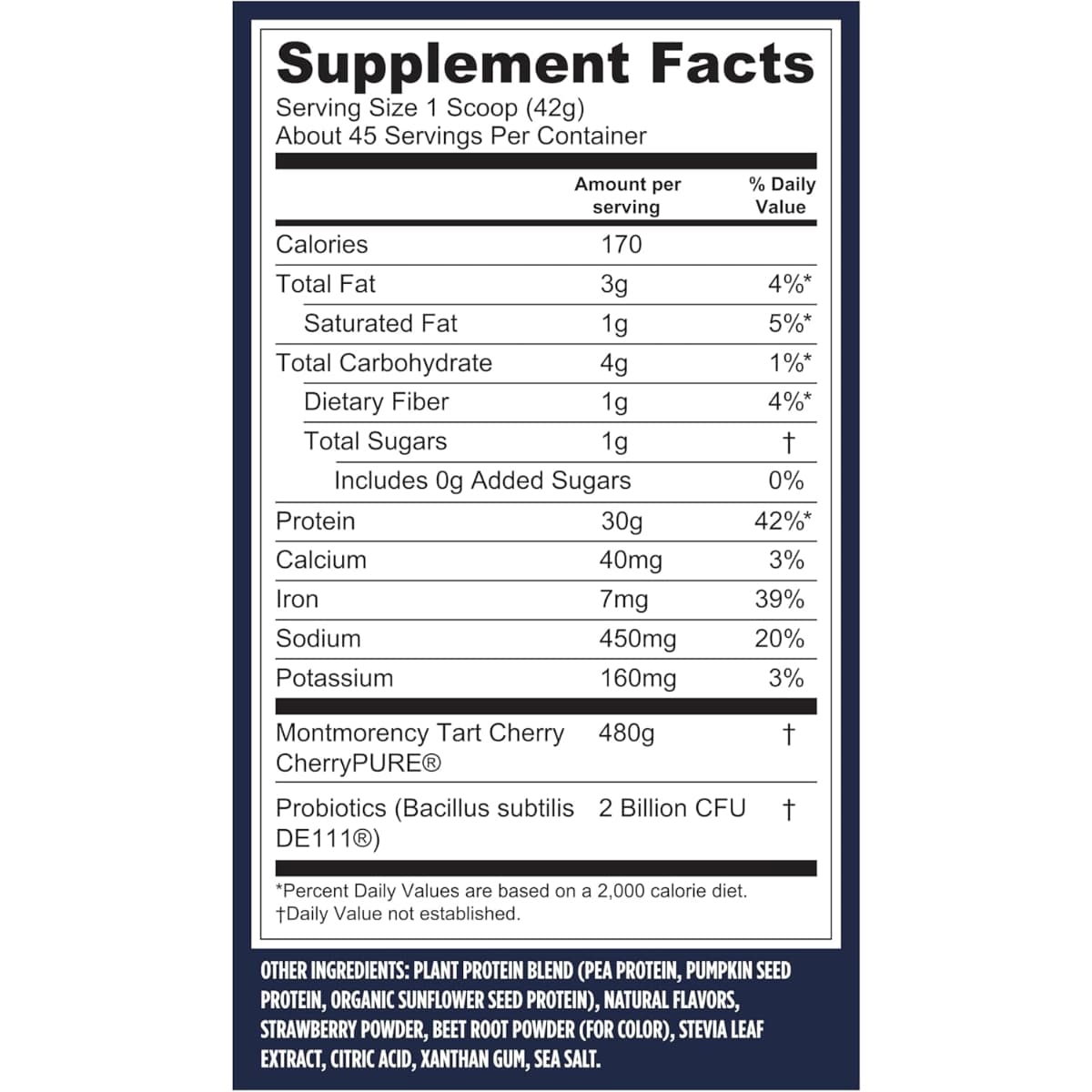 Tabla nutricional del suplemento Vega Proteína Vegana Performance sabor bayas 4 lb