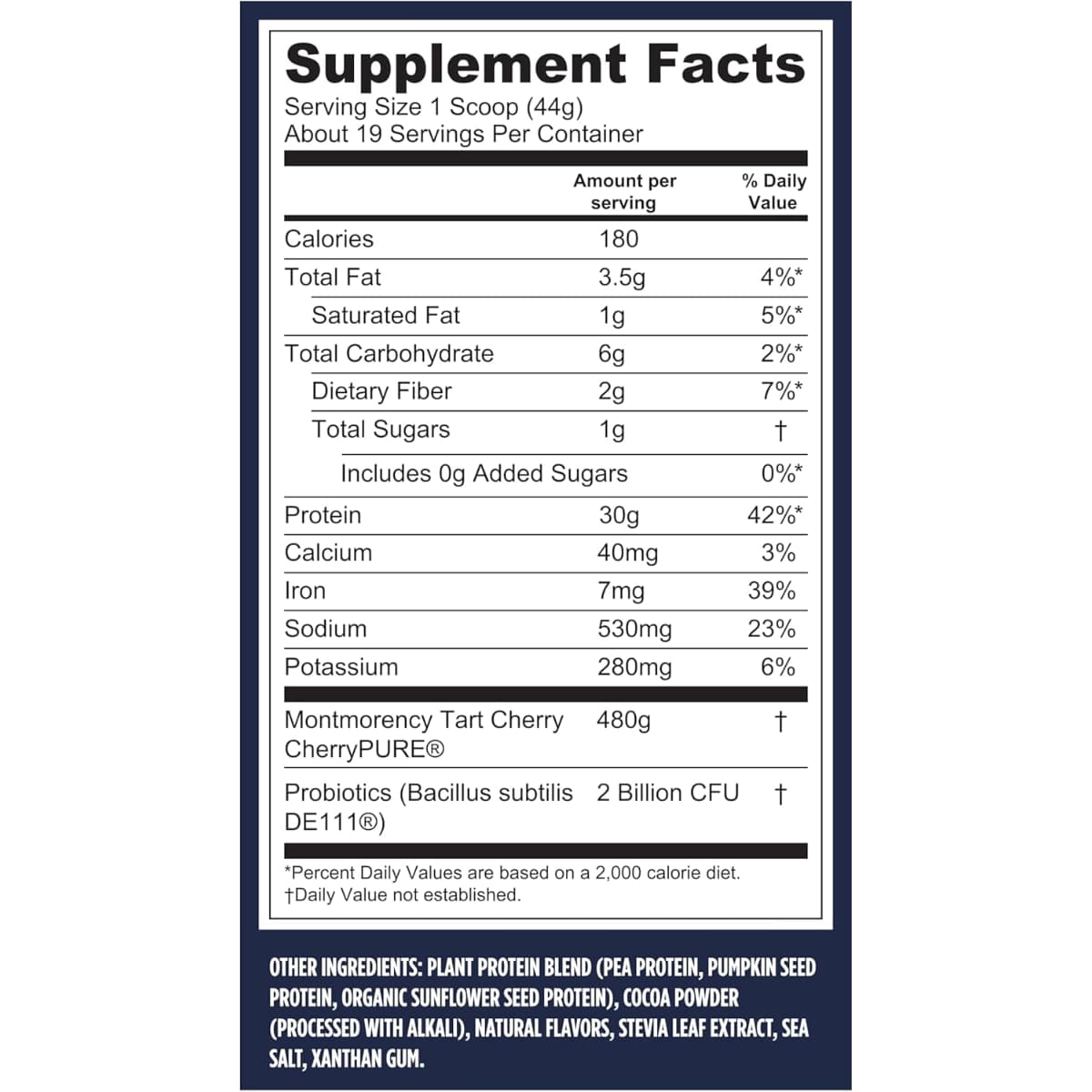 Tabla nutricional del suplemento Vega Proteína Vegana Performance sabor chocolate 1 lb