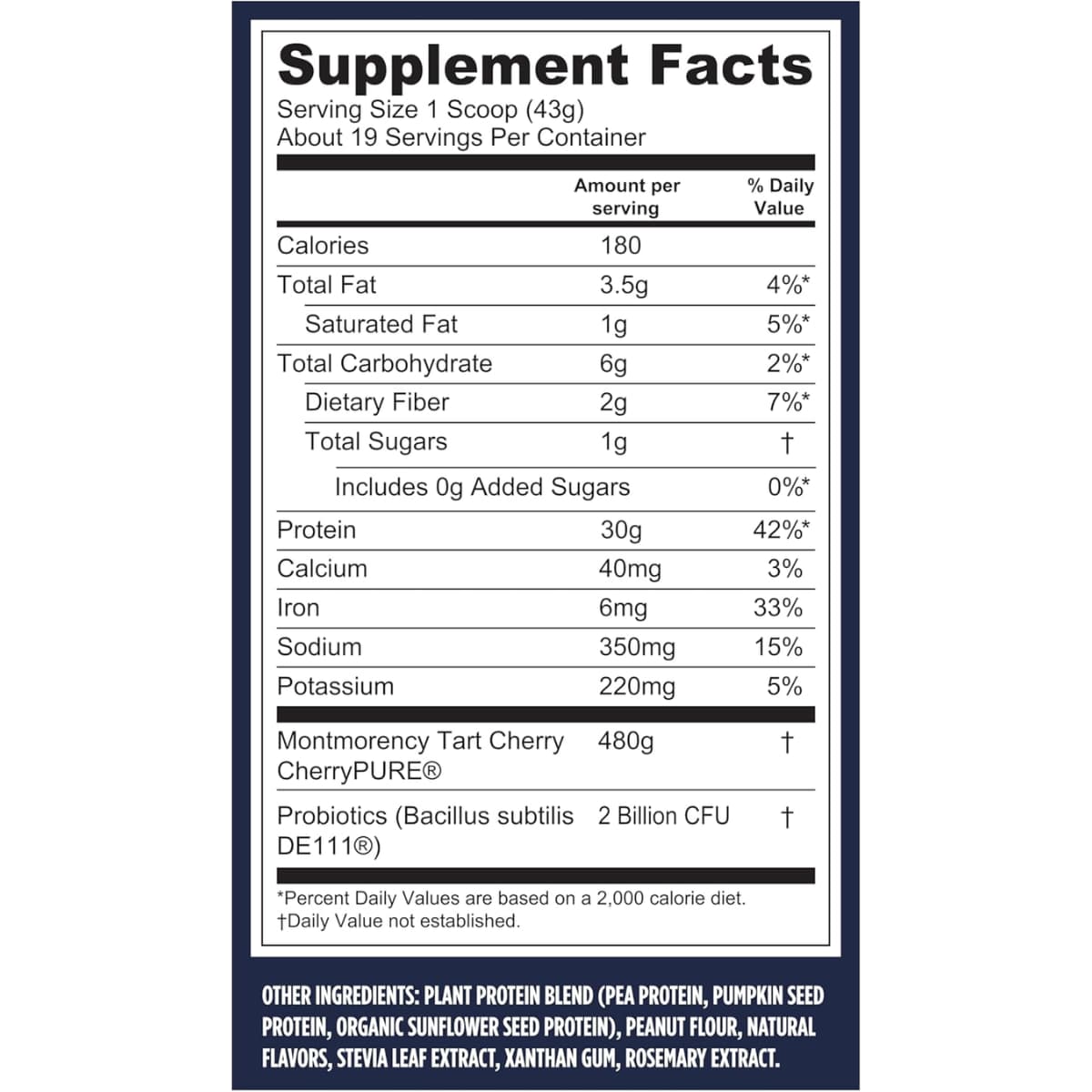 Tabla nutricional del suplemento Vega Proteína Vegana Performance sabor mantequilla de maní 1 lb