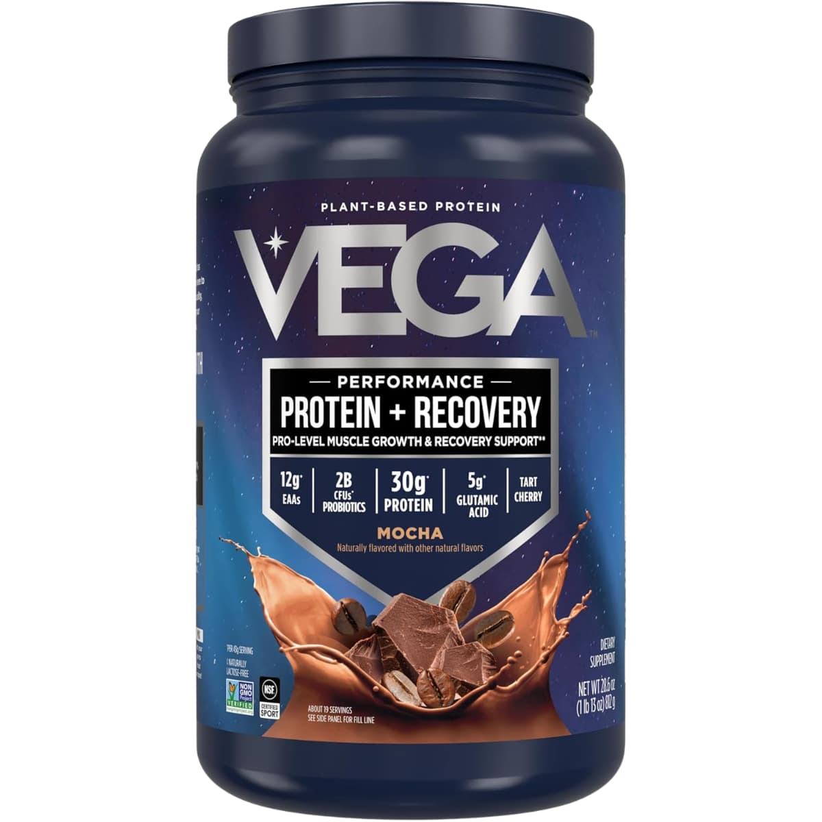 Frasco de suplemento Vega Proteína Vegana Performance sabor moca 1 lb