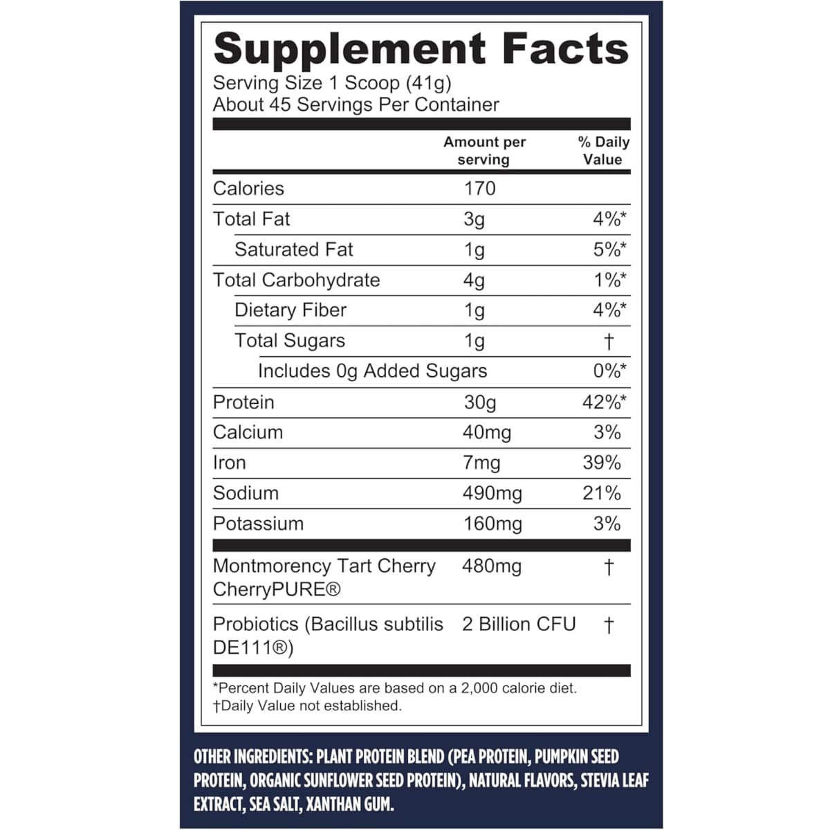 Tabla nutricional del suplemento Vega Proteína Vegana Performance sabor Vainilla 4 lb