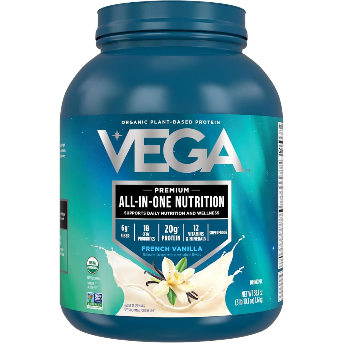 Frasco de suplemento Vega Proteína Vegana Todo-en-Uno Vainilla Francesa 1500 g