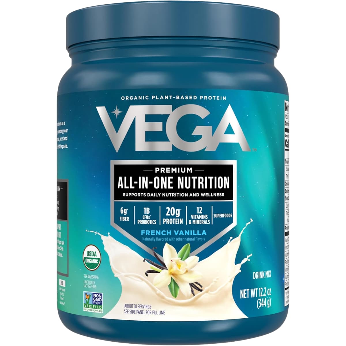 Frasco de suplemento Vega Proteína Vegana Todo-en-Uno Vainilla Francesa 344 g
