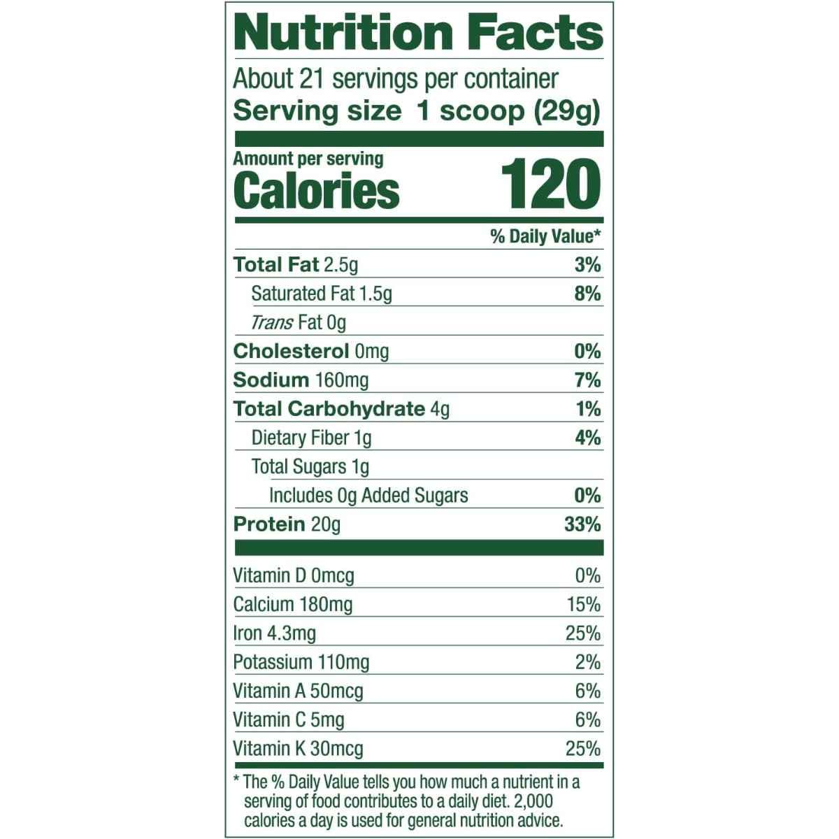 Tabla nutricional del suplemento Vega Proteína y Vegetales 522g polvo