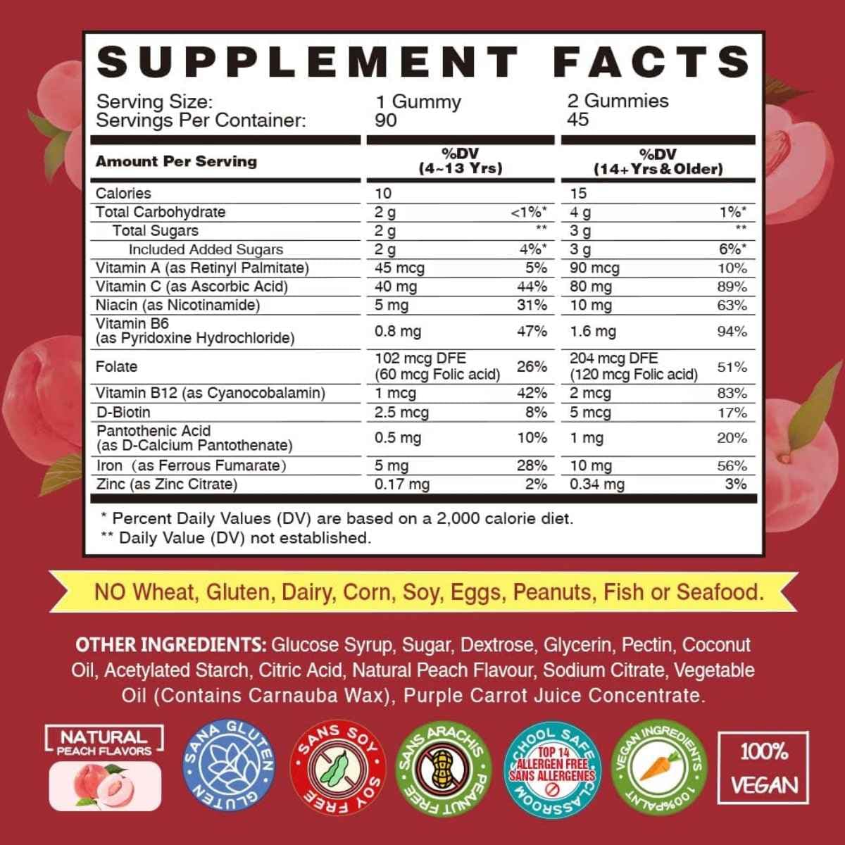 Tabla nutricional del suplemento Vegepower Hierro 90 gomitas