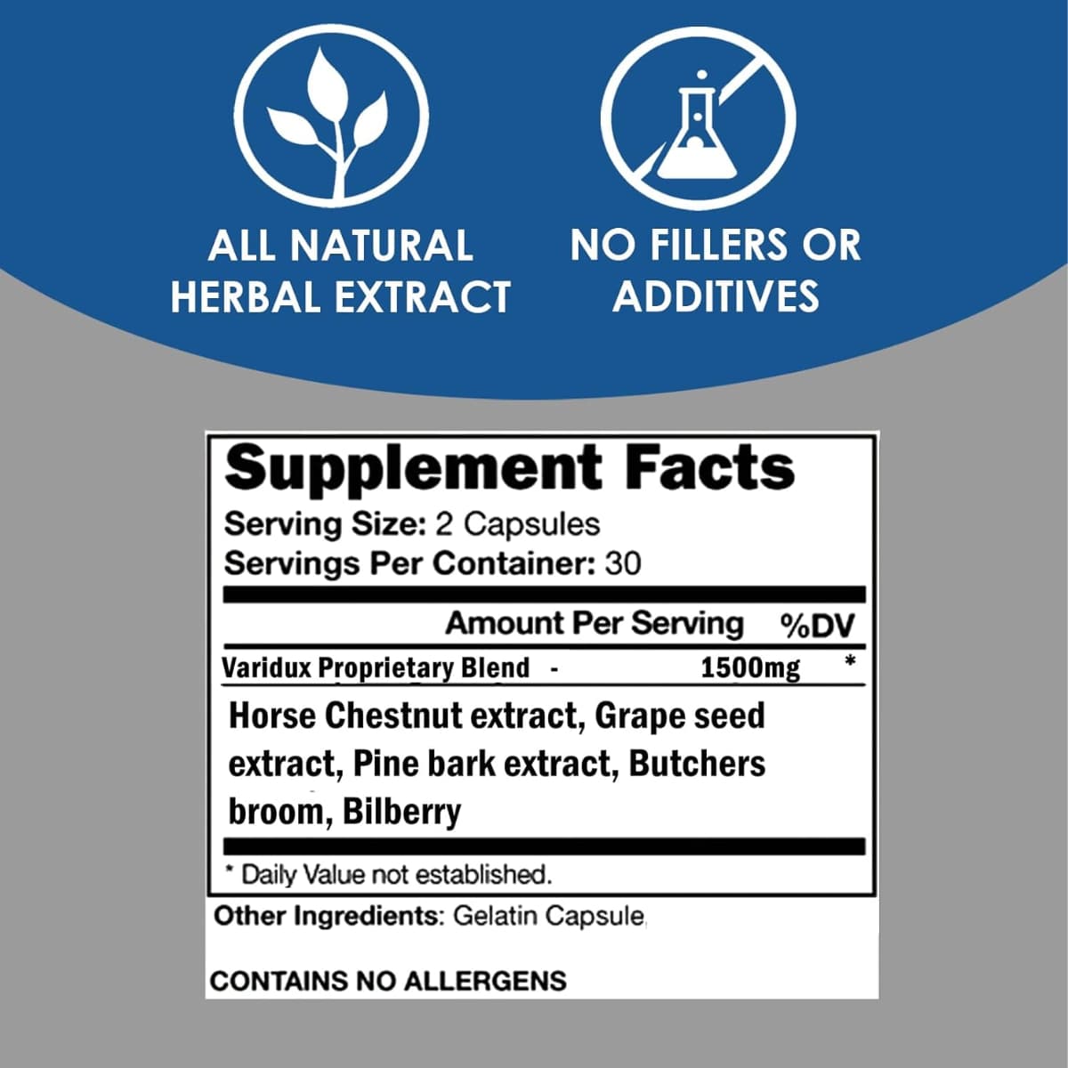 Tabla nutricional del suplemento VH Nutrition Varidux Mezcla Herbal 1500 mg 60 cápsulas