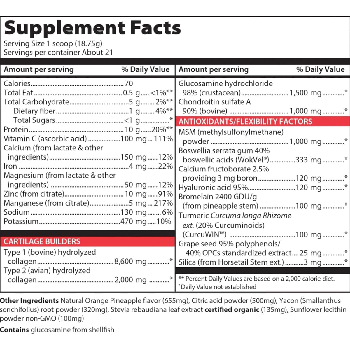 Tabla nutricional del suplemento Vibrant Health Joint Vibrance sabor naranja piña 388 g