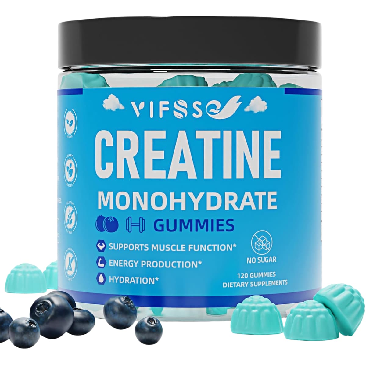 Frasco de suplemento Vifssg Monohidrato de Creatina Arándano Azul 120 gomitas