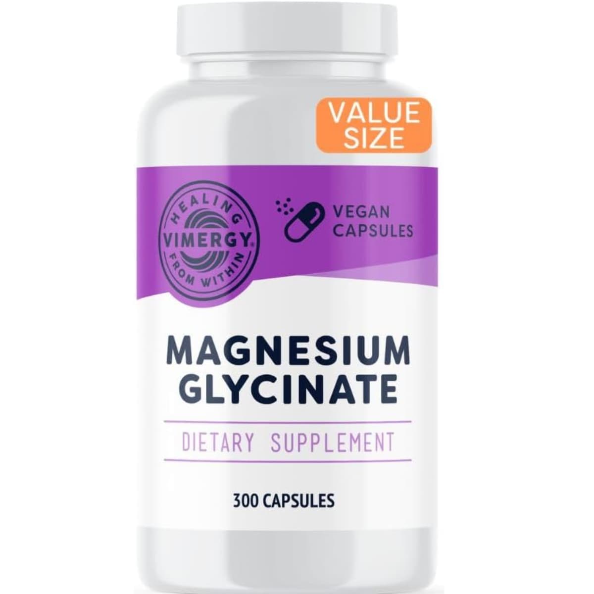 Frasco de suplemento Vimergy Glicinato de Magnesio 300 cápsulas