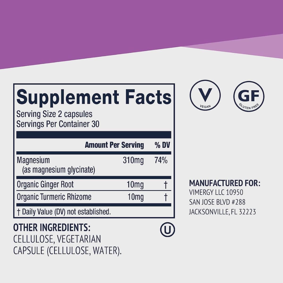 Tabla nutricional del suplemento Vimergy Glicinato de Magnesio 60 cápsulas