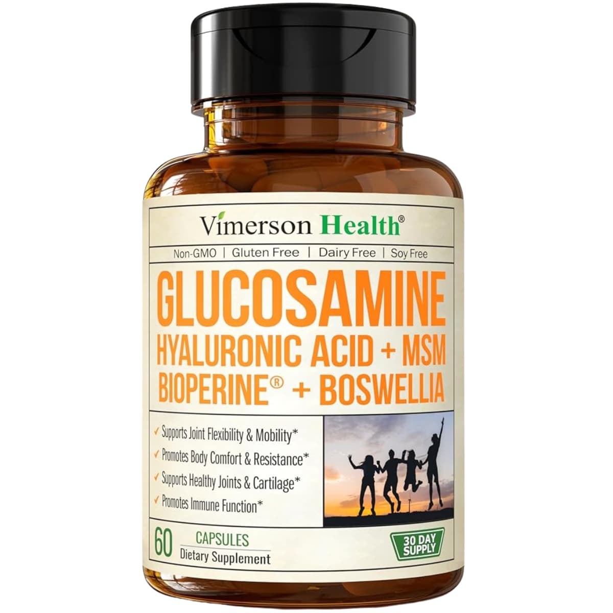 Frasco de suplemento Vimerson Health Sulfato de Glucosamina con Ácido Hialurónico y Boswellia 60 cápsulas