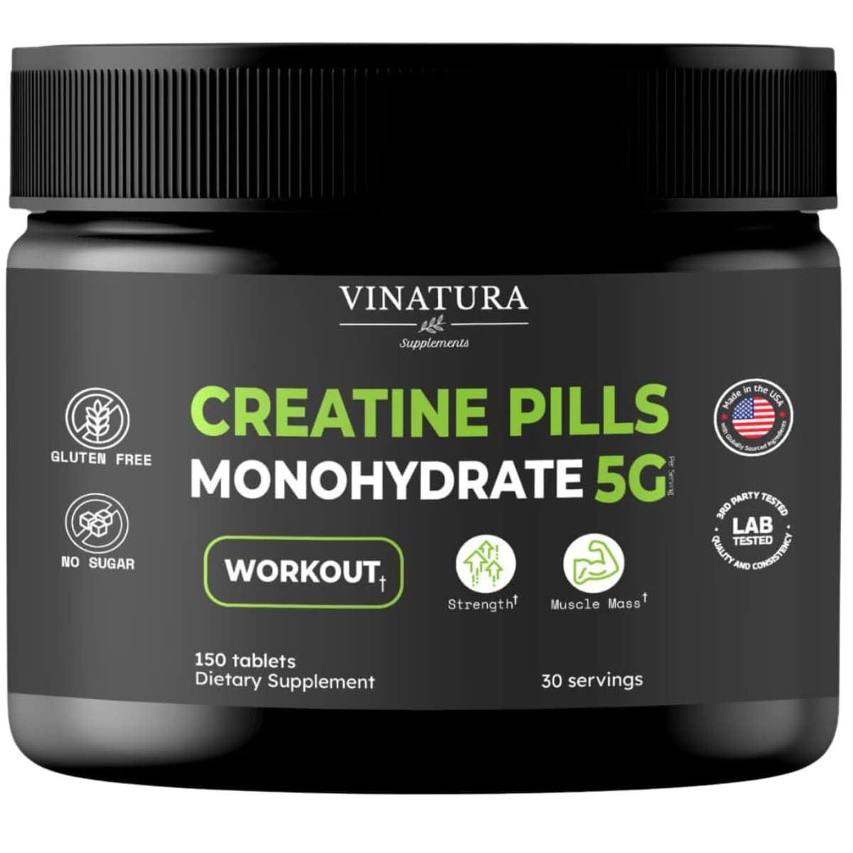 Frasco de suplemento Vinatura Monohidrato de Creatina 5000 mg 150 tabletas