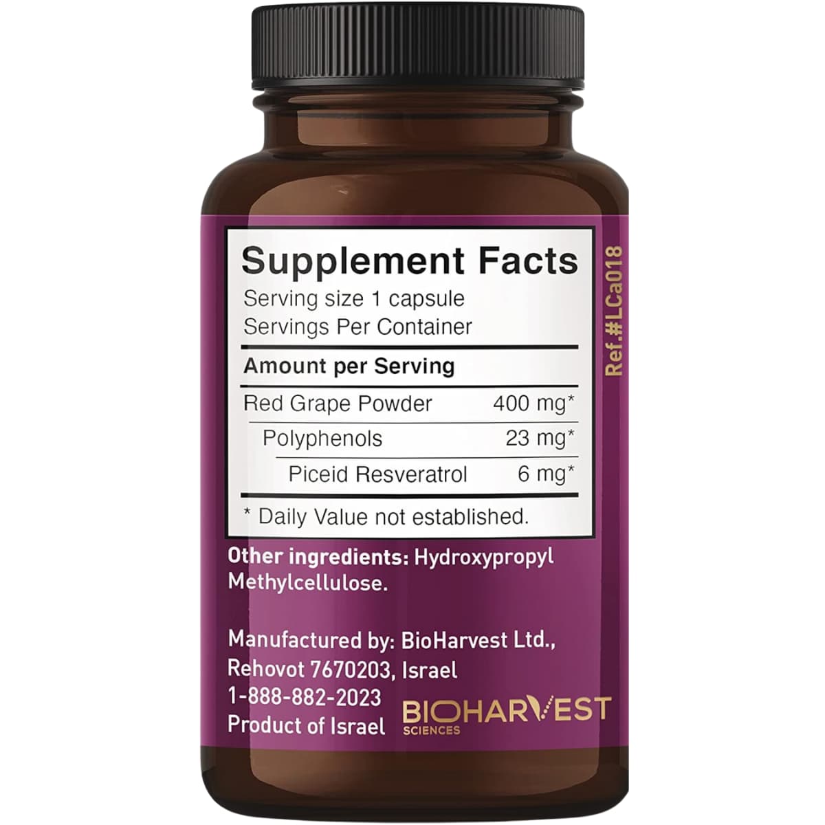 Tabla nutricional del suplemento Vinia Polvo de Uva Roja Resveratrol 30 cápsulas