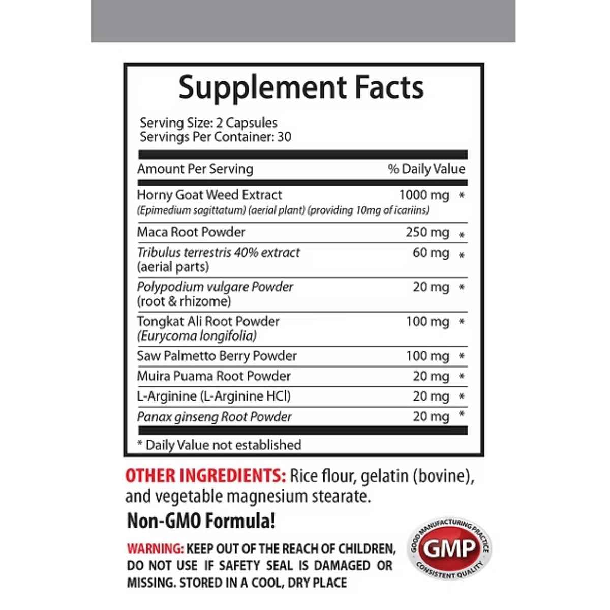 Tabla nutricional del suplemento VIP Vitamins Horny Goat Weed Complex 60 cápsulas.