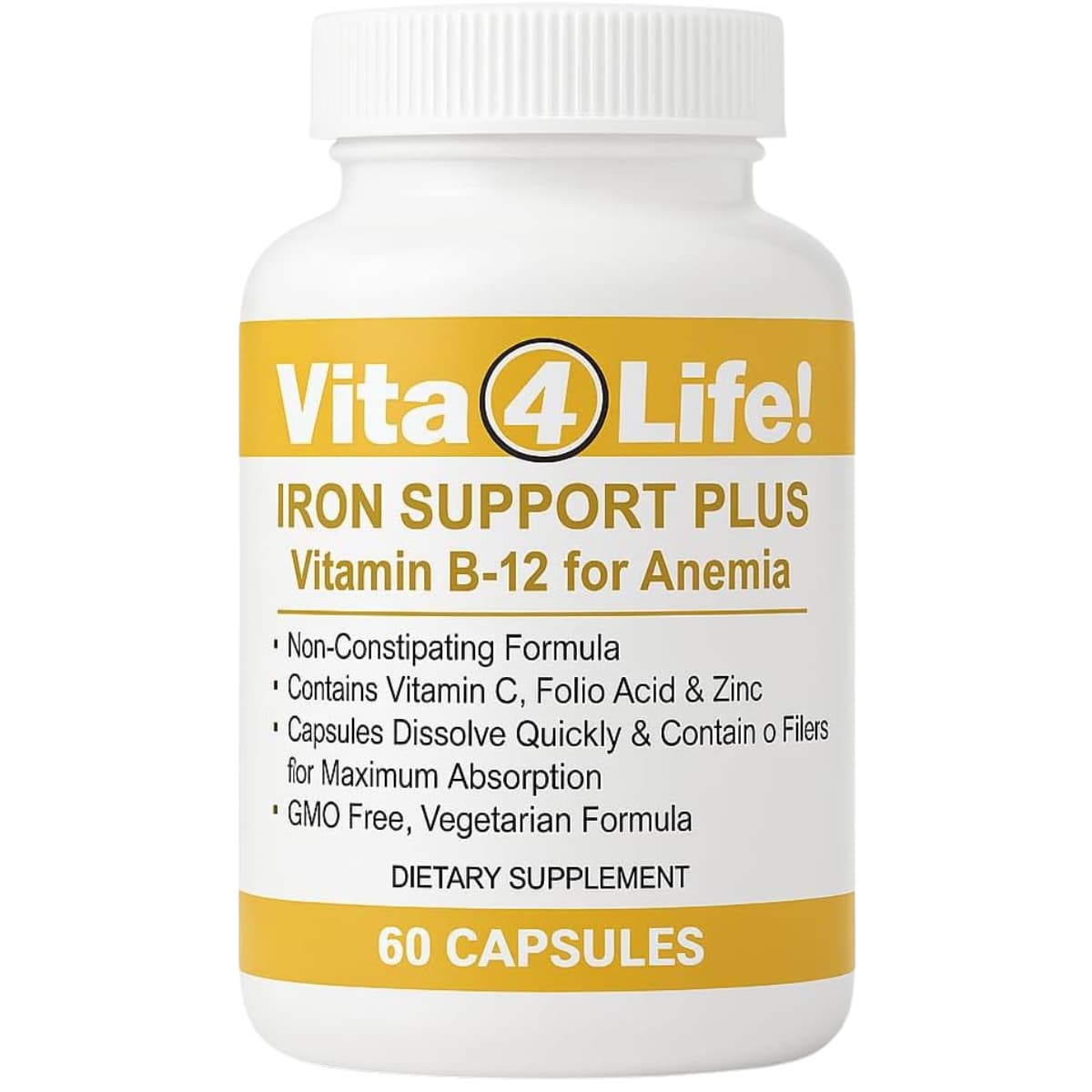 Frasco de suplemento Vita4Life! Hierro Quelado 40 mg 60 cápsulas