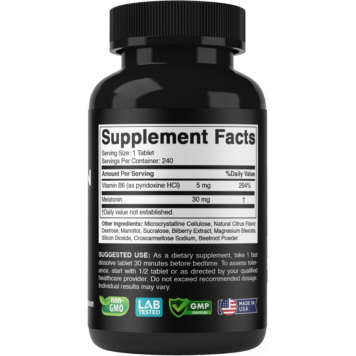 Tabla nutricional del suplemento Vitabod Melatonina con Vitamina B6 Cítrico 30 mg 240 tabletas