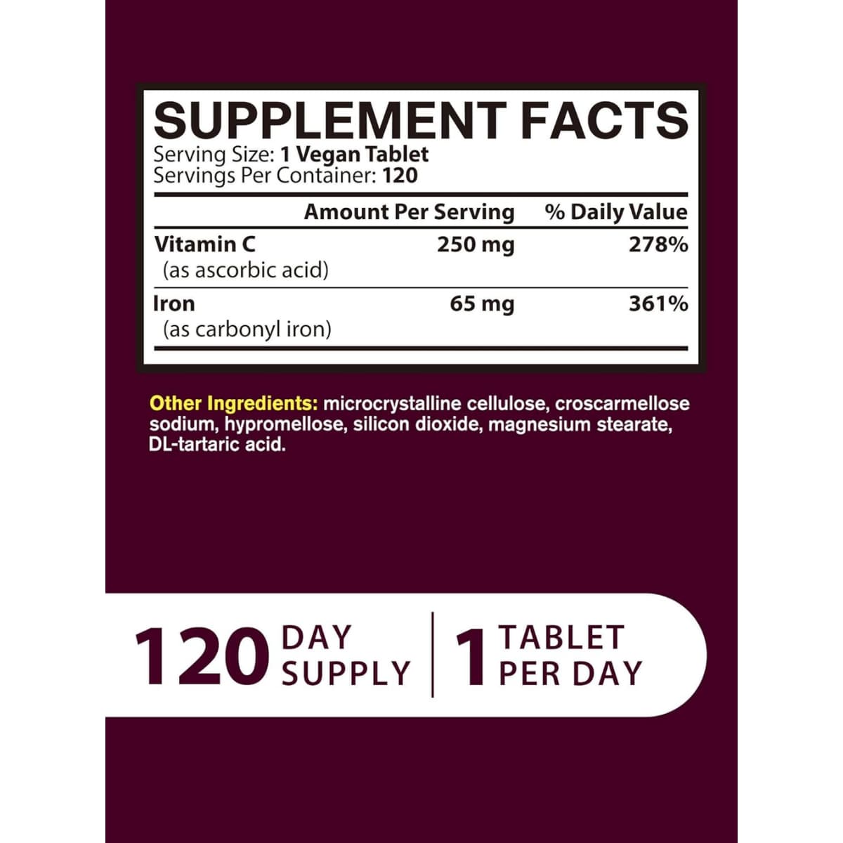 Tabla nutricional del suplemento Vitacook Hierro Carbonílico con Vitamina C 120 tabletas