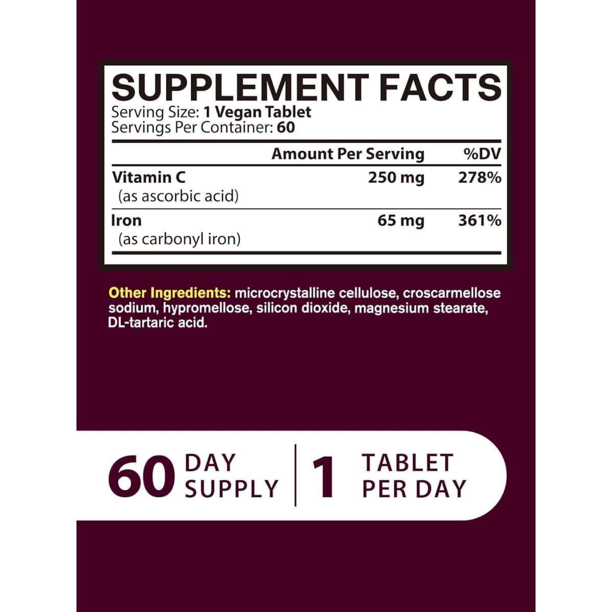 Tabla nutricional del suplemento Vitacook Hierro Carbonílico con Vitamina C 60 tabletas