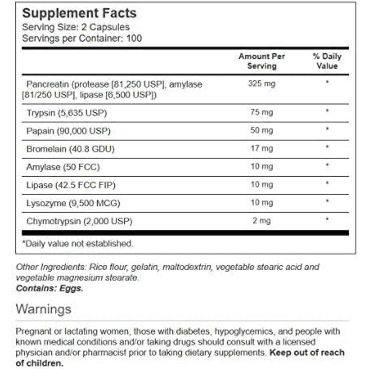 Tabla nutricional del suplemento Vitacost Synergy Mega Enzimas Digestivas 200 cápsulas