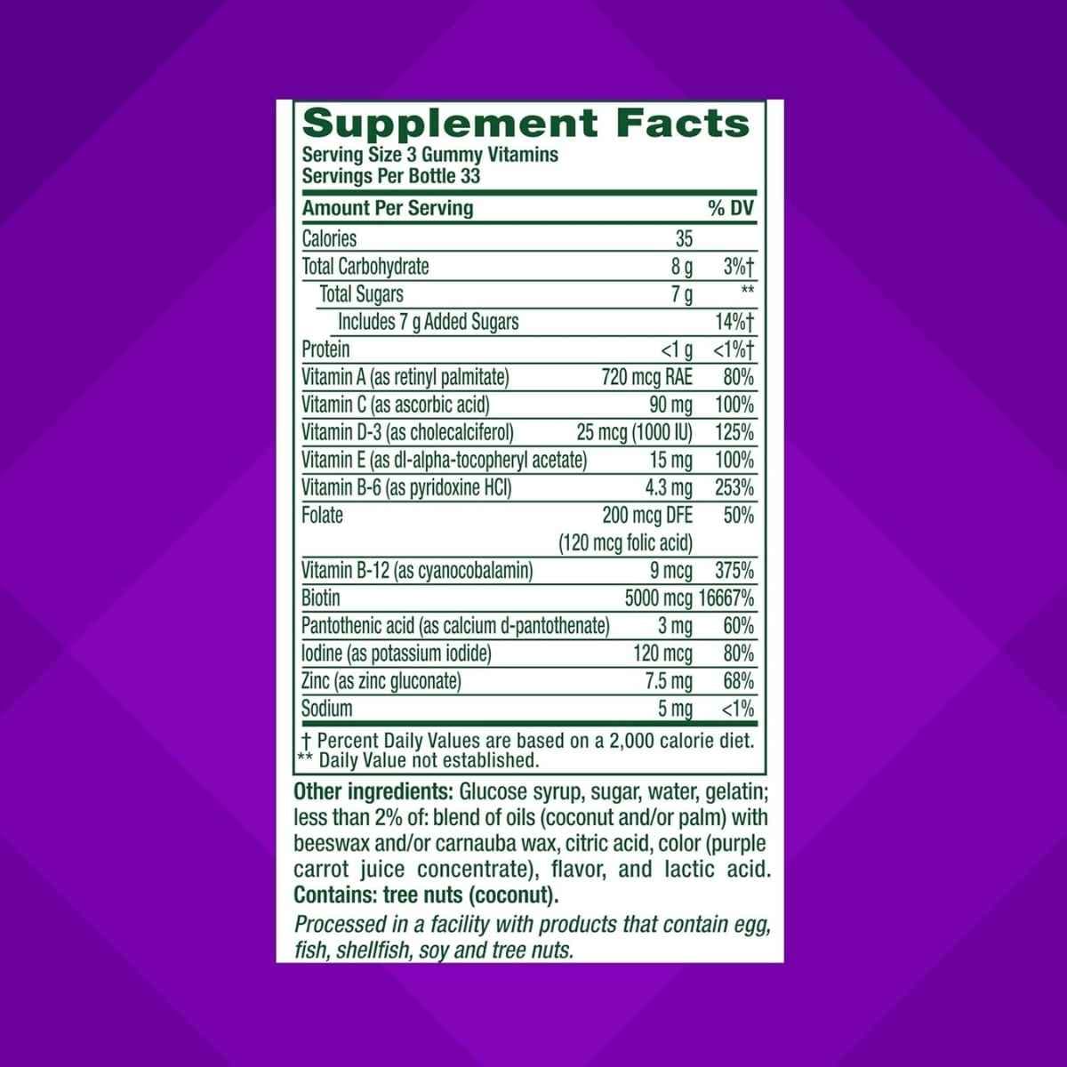 Tabla nutricional del suplemento Vitafusion Cabello Piel y Uñas 100 gomitas