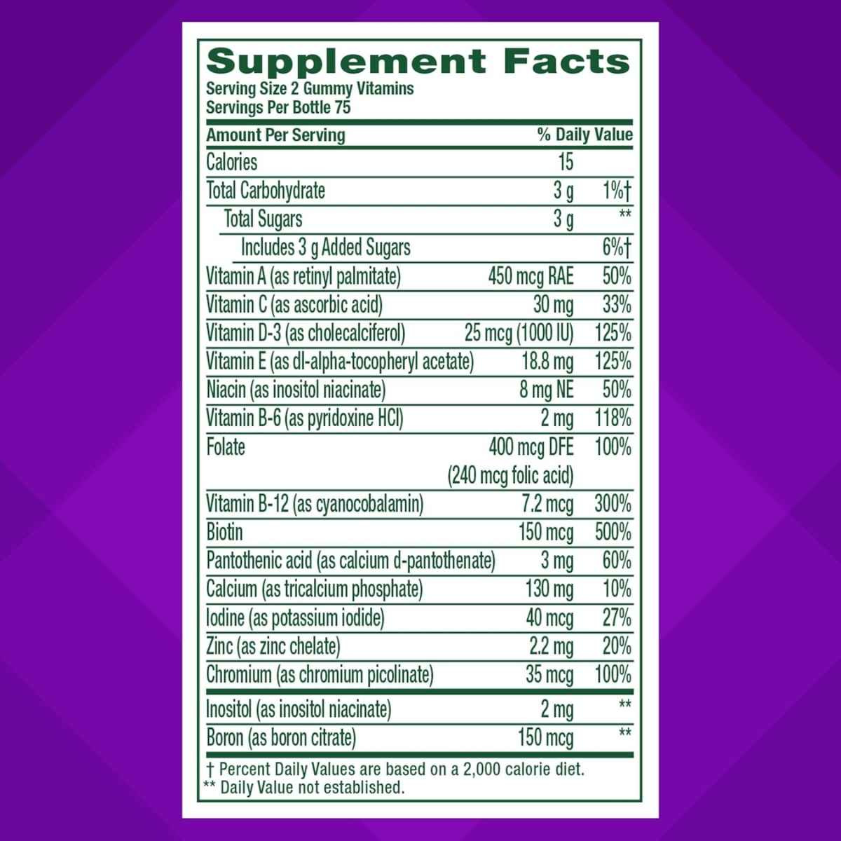 Tabla nutricional del suplemento Vitafusion Multivitamínico para Mujeres Sabor a Bayas 150 gomitas