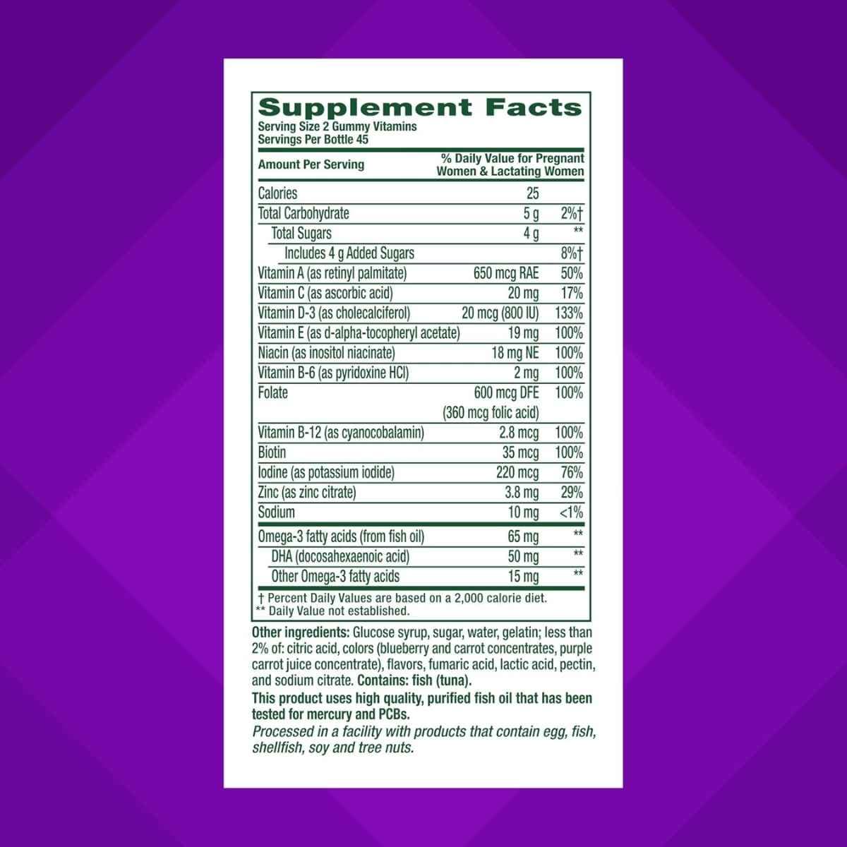 Tabla nutricional del suplemento Vitafusion Multivitamínico Prenatal Frambuesa Limonada 90 gomitas